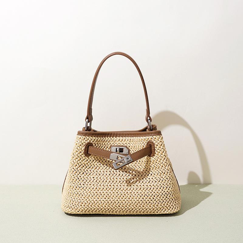 Handbag bag women's vacation style leather vegetable basket woven bag versatile messenger shoulder bucket bag