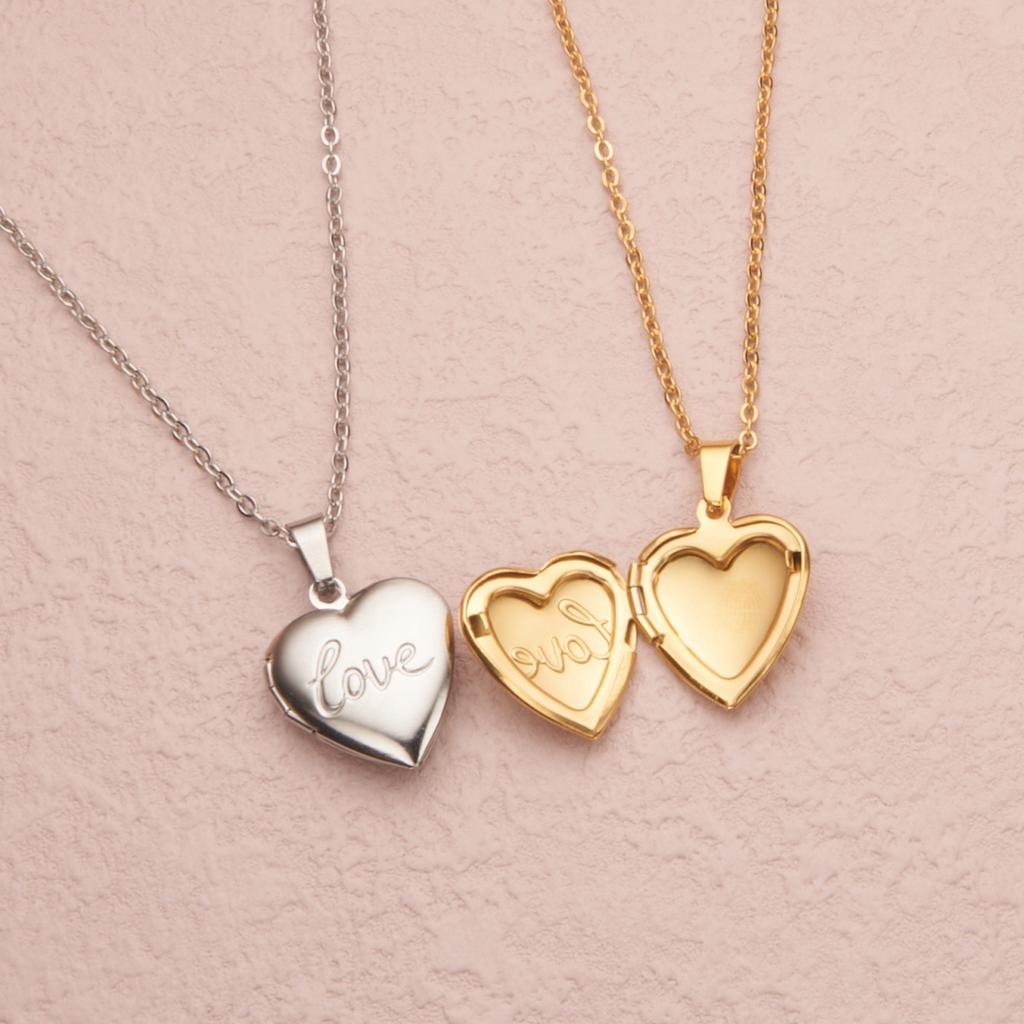 Stainless Steel Heart-Shaped Openable Lock Photo Frame Photo Box Love Gold Silver Pendant Necklace