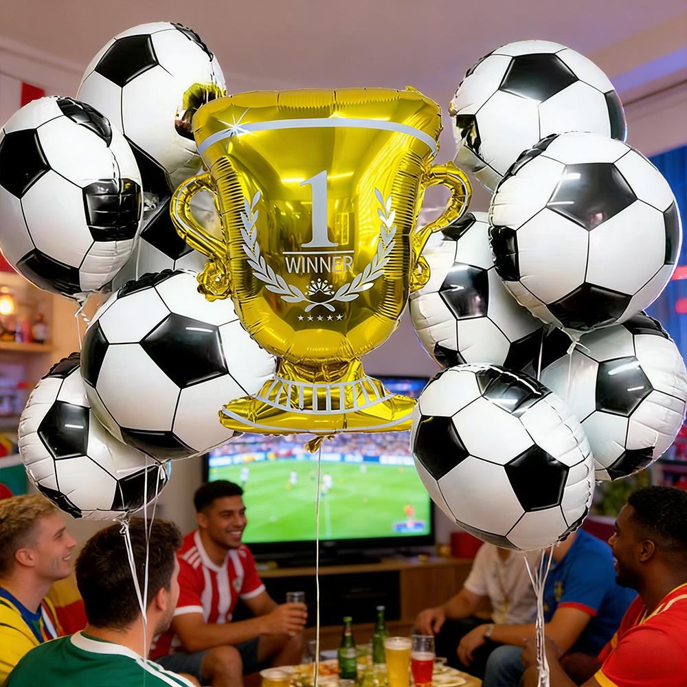 12Pcs Soccer Theme Foil Balloon Set, Golden Champion Trophy & 10Pcs 18-Inch Football Mylar Balloons, Aesthetic Sports Event Deco