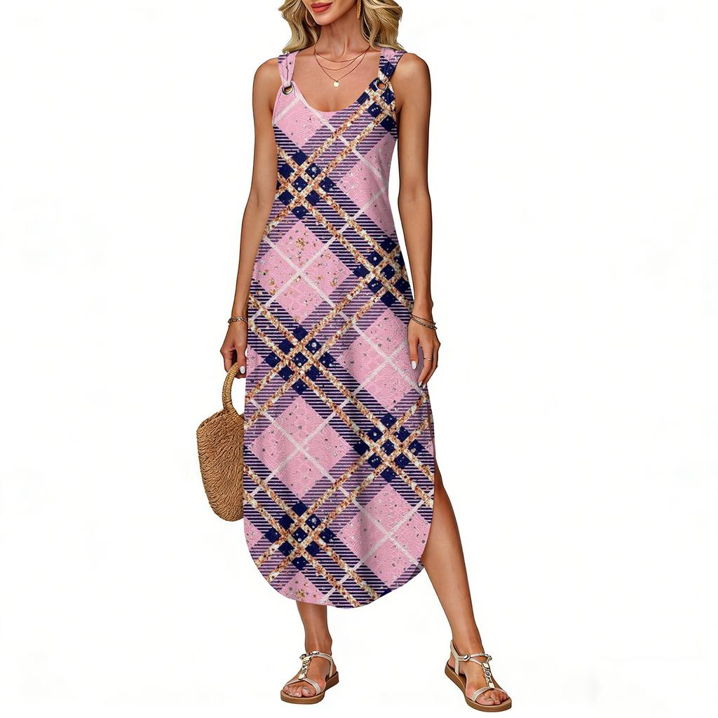 Women's Summer Long Dress, Sleeveless with Side Slits, Long Plaid Printed Vest Dress