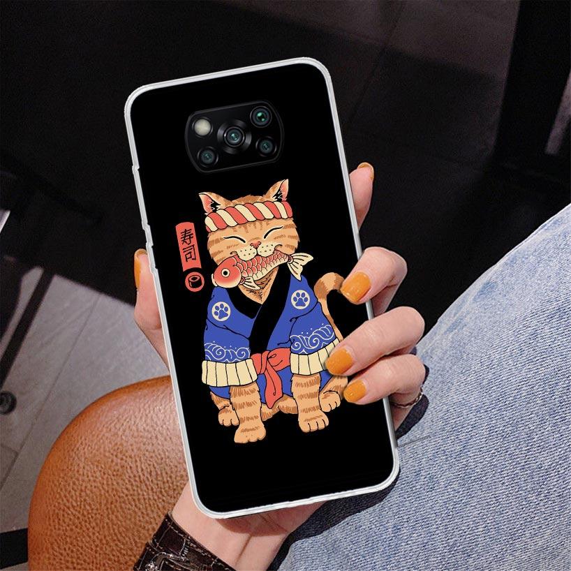 Ramen Sushi Samurai Tattoo Cat Phnoe Case for Xiaomi Poco X5 X6 X7 Pro X4 Gt F7 Ultra M8 M7 Redmi 15C 15 13C 13 12C 12 Unique Co