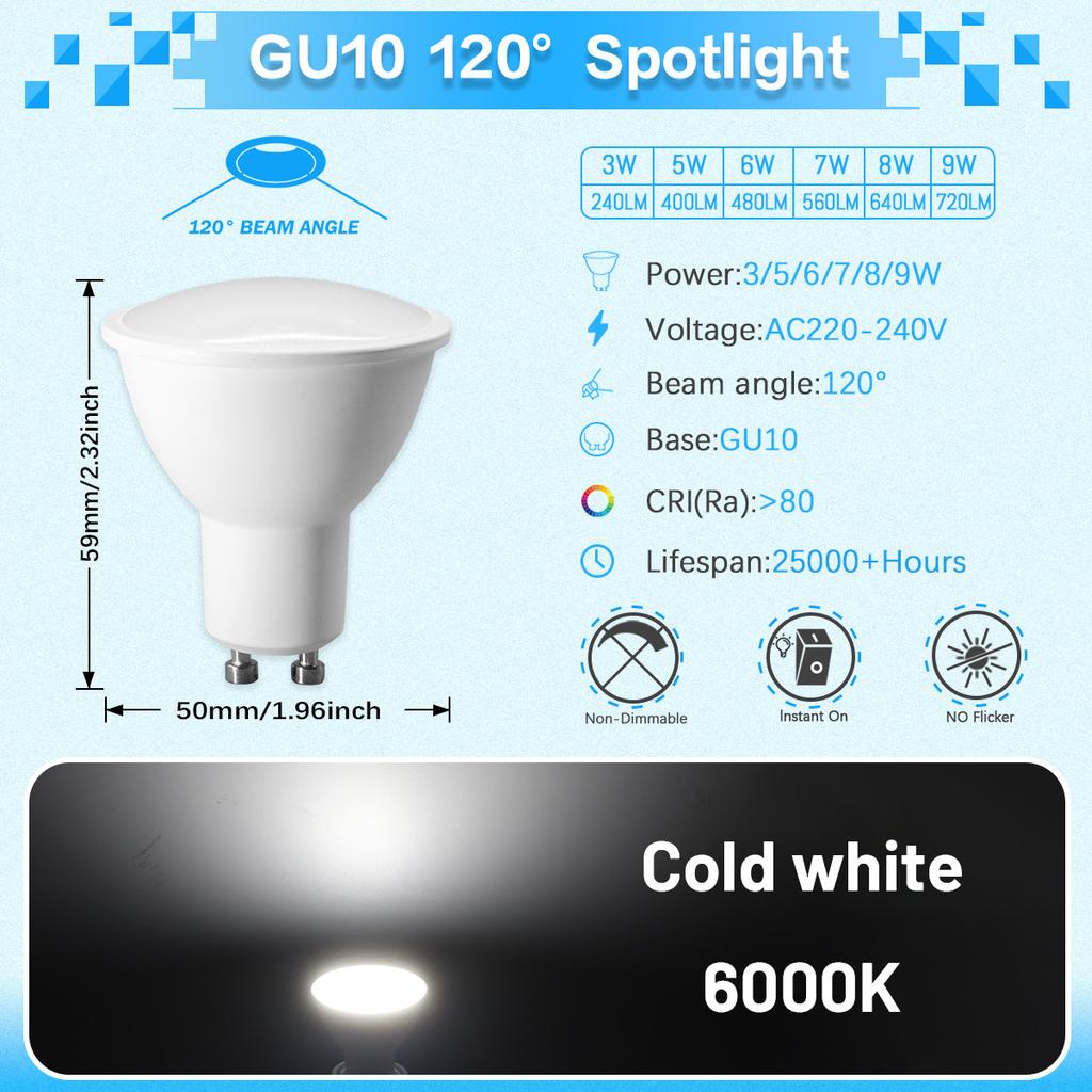 12PCS LED GU10 Bulb Lamps Spotlight LEDS Light No Flicker 3W 5W 6W 7W 8W 9W Daylight White Lighting 3000K-6000K for Home Foco