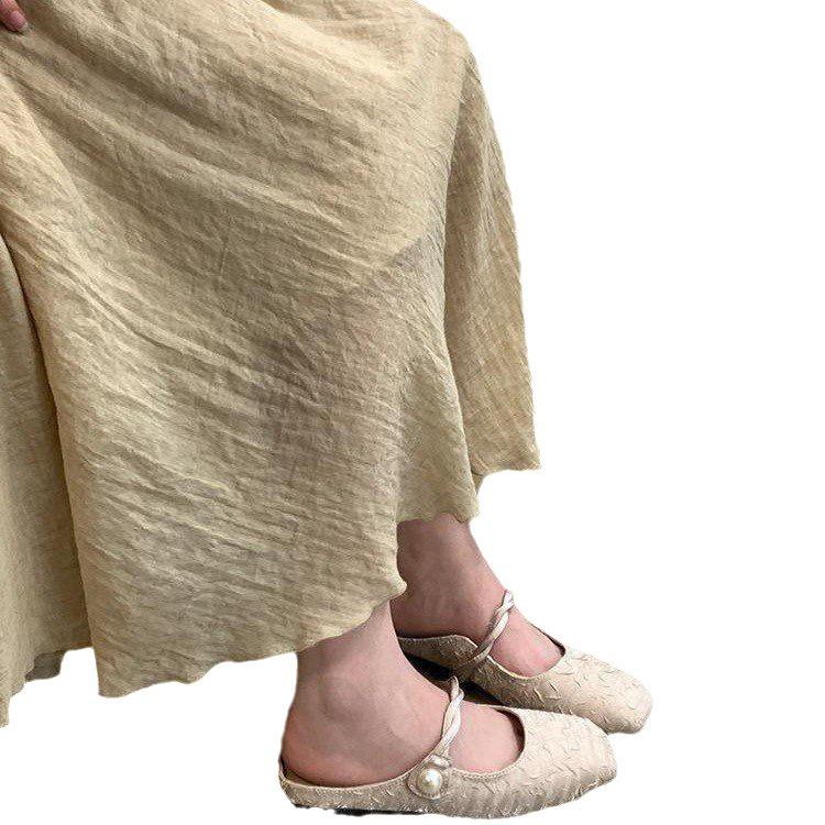 Temperament Socialite Xiaoxiangfeng Half Slippers Women's Spring and Summer 2025 French Pearl Bag Head Mary Jane Half Tray Single Shoes