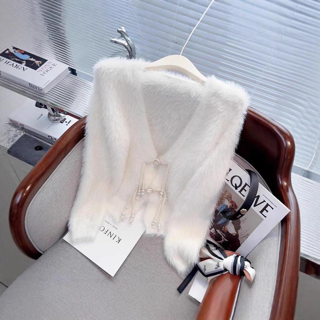 Imitation Mink Velvet Cardigan for Mature Women - Loose Pearl Button Knit Outerwear for Autumn/Winter