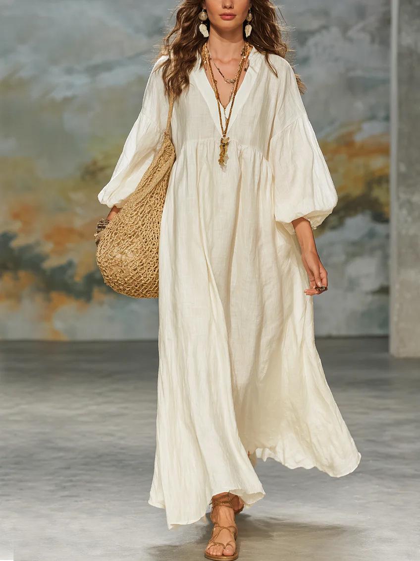 European Bohemian Cotton Linen V-Neck Lantern Sleeve Dress for Women S