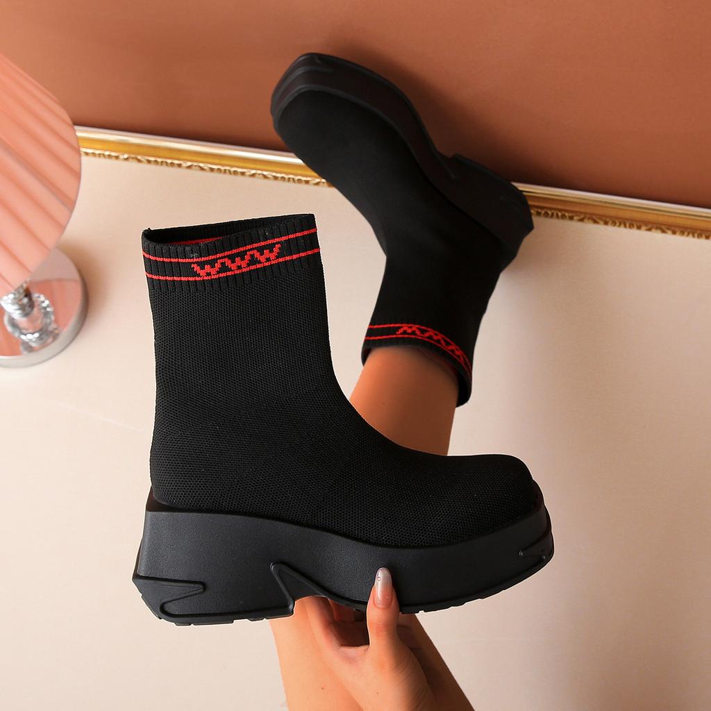 Flying knitted socks boots thick heel cigarette boots women's thick-soled muffin bottom short tube breathable short tube single boot large size Martin