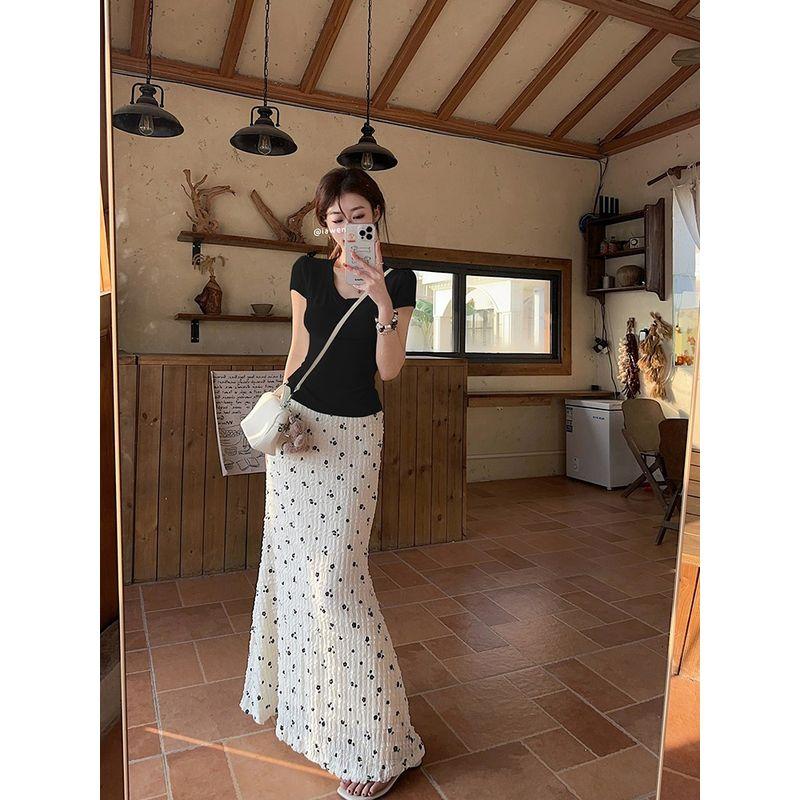 Kumikumi French style Gentle Set Slim fit Slimming Short sleeve T-shirt Women clothes Summer High Waist Hip Skirt Two-piece Set