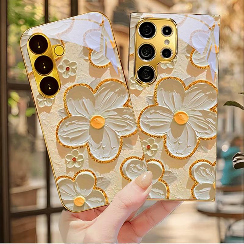 Textured White Flora Electroplated Golden Phone Case For Samsung S22 Ultra S21 S20 FE S23 Plus S24 S25 S26 Note10 20 Glass Cover