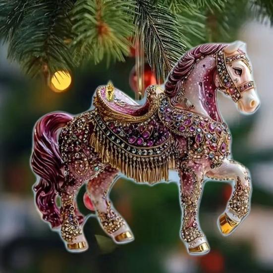 2 Pcs Horse Christmas Ornament Acrylic Sparkly Rhinestones Horse Hanging Decoration 2D Flat Christmas Tree Ornament for Horse Lovers