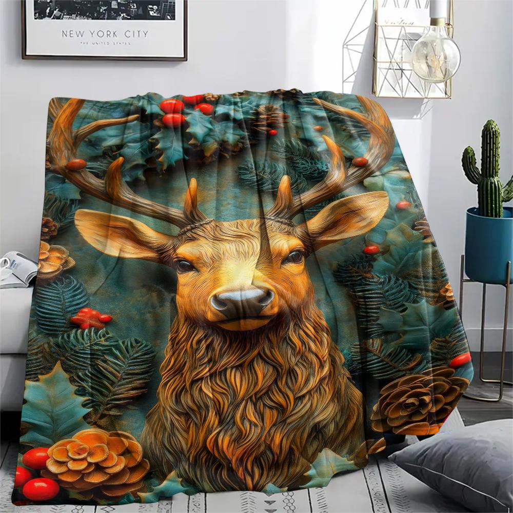 1Pc Vintage Deer Art Print Flannel Blanket, High Quality Comfortable for All Seasons, Home Decor, Warmth and Comfort, Perfect for Gifts