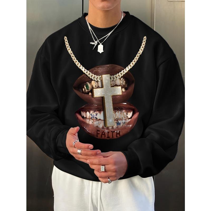 Men's Fashion Creative Design Lip Print Printed Sweatshirt, Versatile for Sports, Leisure, and Commuting, Long Sleeve, Loose Fit, Crew Neck