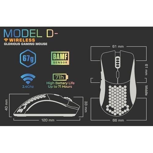 Glorious Model D Bezprzewodowa Myszka Gamingowa, Ergonomiczny Design, Podświetlana, 6 Programowalnych Przycisków, 12 DPI, Czarna, Kompaktowa, Myszka Gamingowa, Oryginalna Japońska