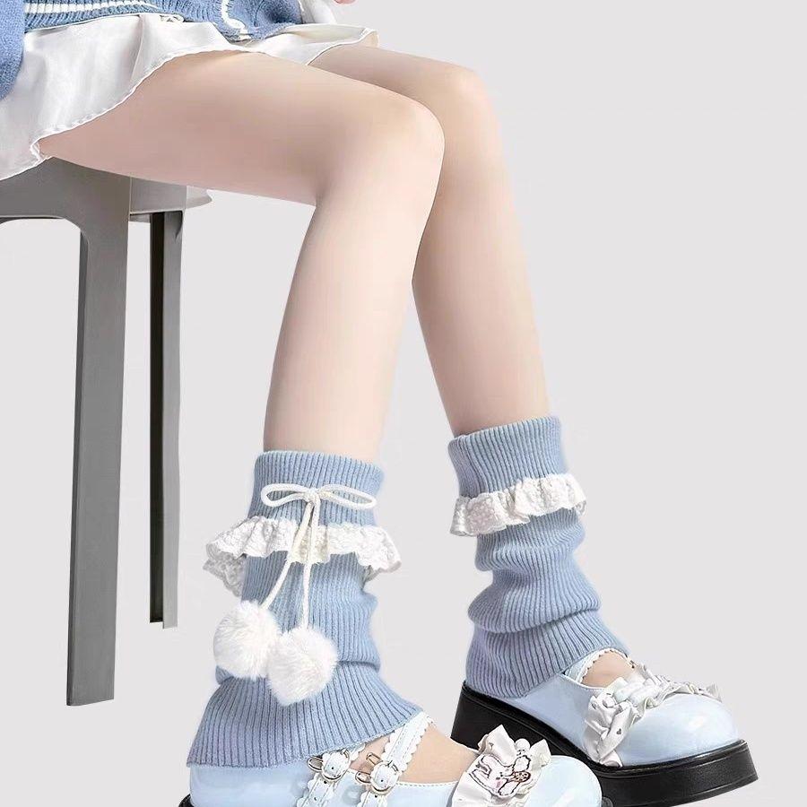 Dopamine Milk Blue Sock Covers Knitted Calf Sleeves Lace Trim JK Stacked Socks with Pom Poms Lolita Socks for Women