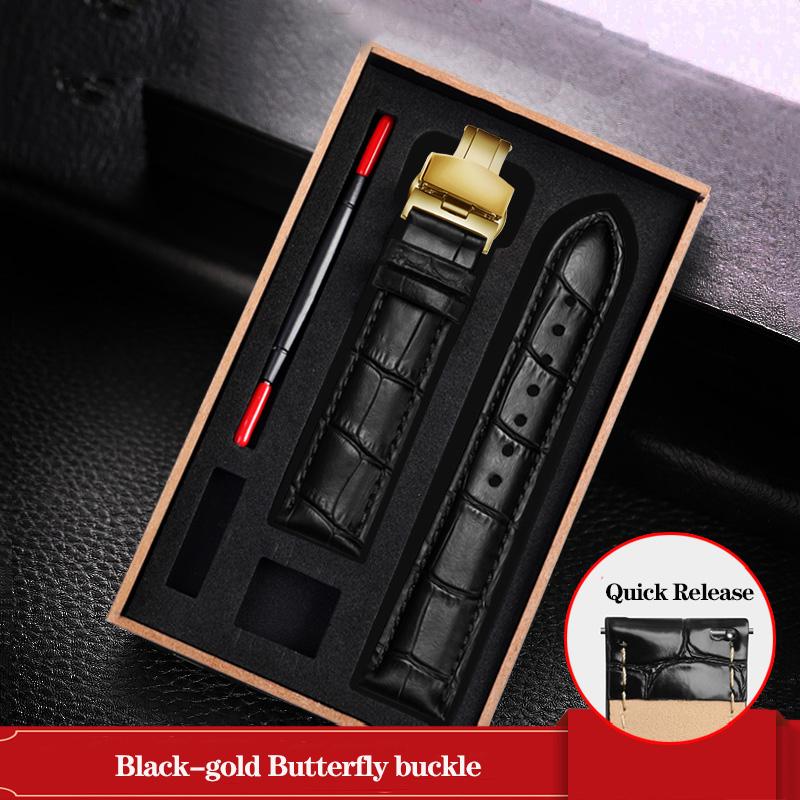 Leather Watchband Black Blue Cowhide Strap Butterfly Buckle Fits All Brands of Watches Men Women 12/14/15/16/18/19/20/22/23mm