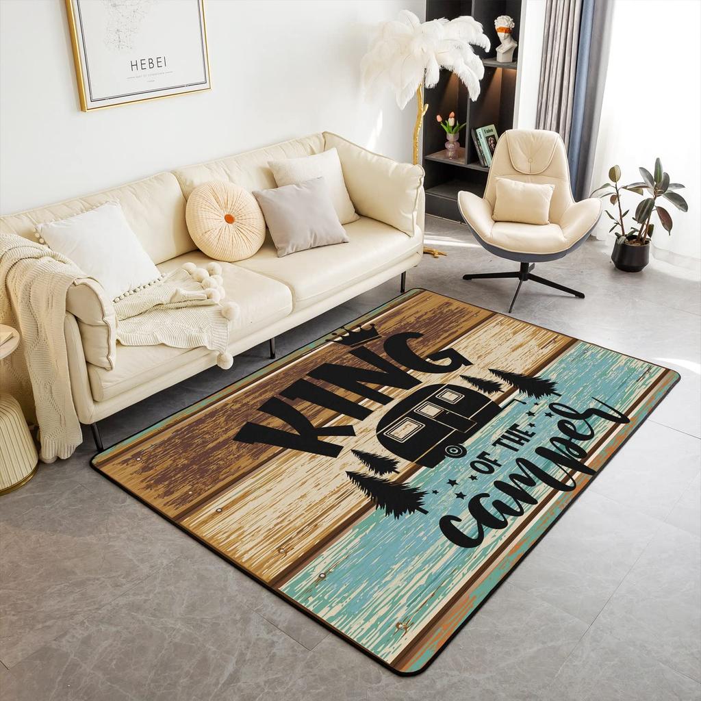 Happy Camping Living Room Rugs,Rv Car Area Rug,Vintage Farmhouse Style Non Slip Carpet, Camper Indoor Floor Mat for Travel Lover