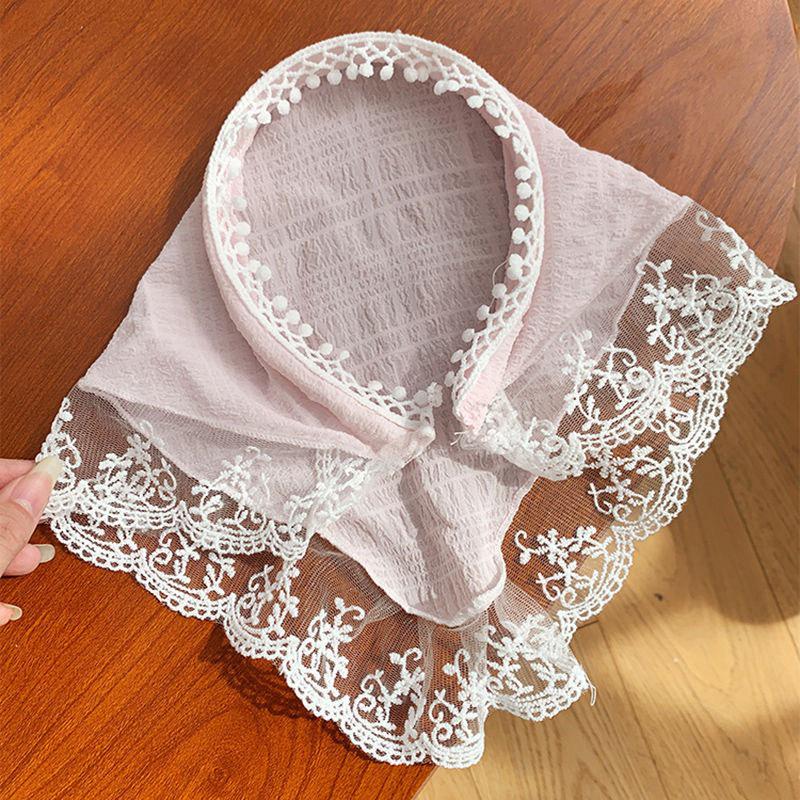 French Blue Plaid Lace Triangle Scarf Headband - Pastoral Style Women's Hair Accessory with Seaside Vibe