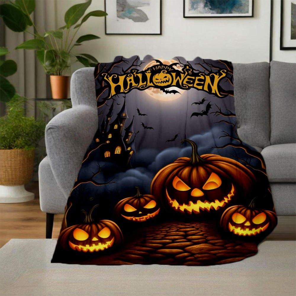 Halloween Party Decorations Pumpkin Lanterns with Moon and BatsBlanket Flannel Throw Blanket for Sofa, Bed, Travel, Camping, Office