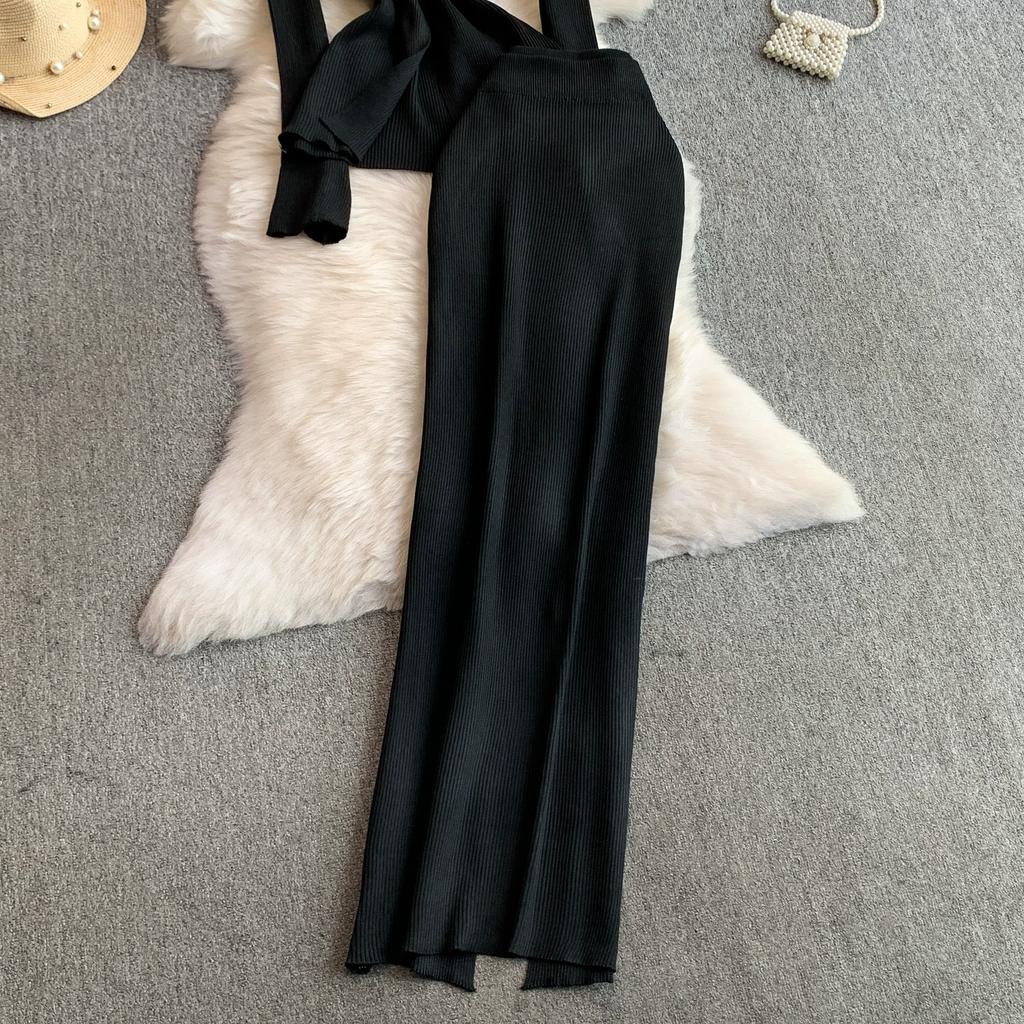 Spring Autumn Women Elegant Knitted Sweater Office Two Piece Set V-neck 3D Flower Pullover Tops and Long Maxi Sheath Skirt Outfits