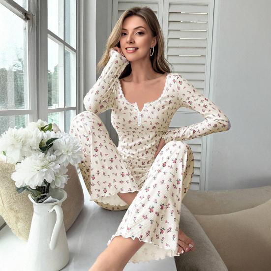Women's Floral Long Sleeve Pajama Set Crop Top And Wide Leg Pants Sleepwear Set Casual 2 Piece Pjs Lounge Set