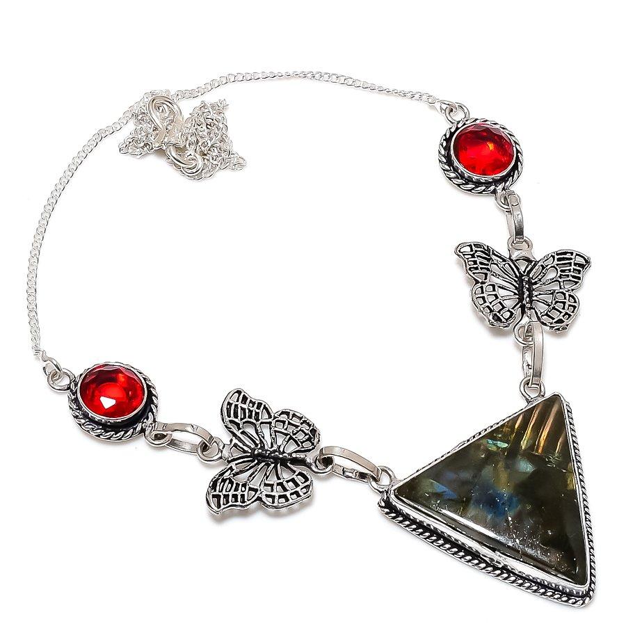 Labradorite, Garnet Gemstone Handmade 925 Sterling Silver Jewelry Necklace 18"