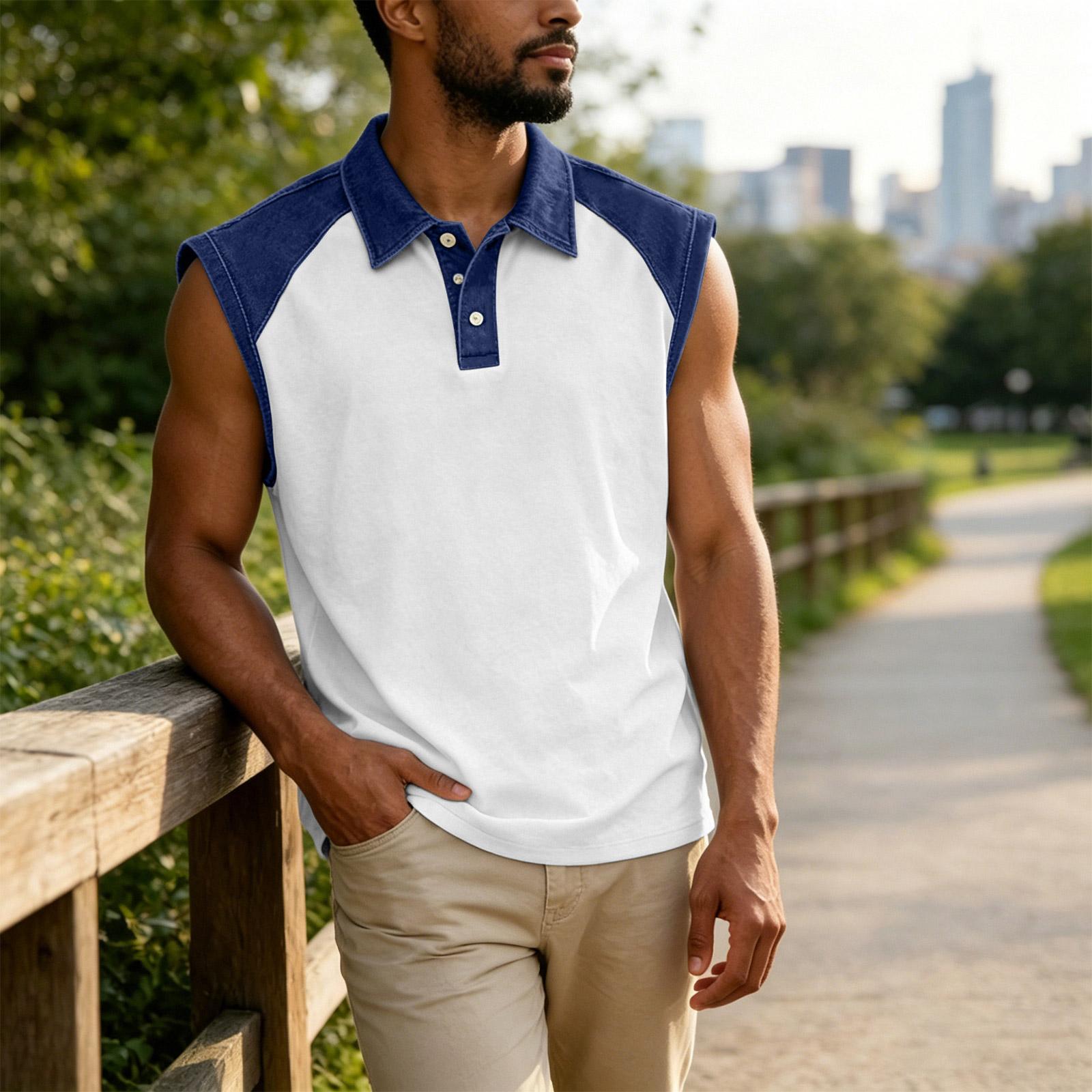 Men s Casual Denim Patchwork Sleeveless Vest with Lapel Collar L