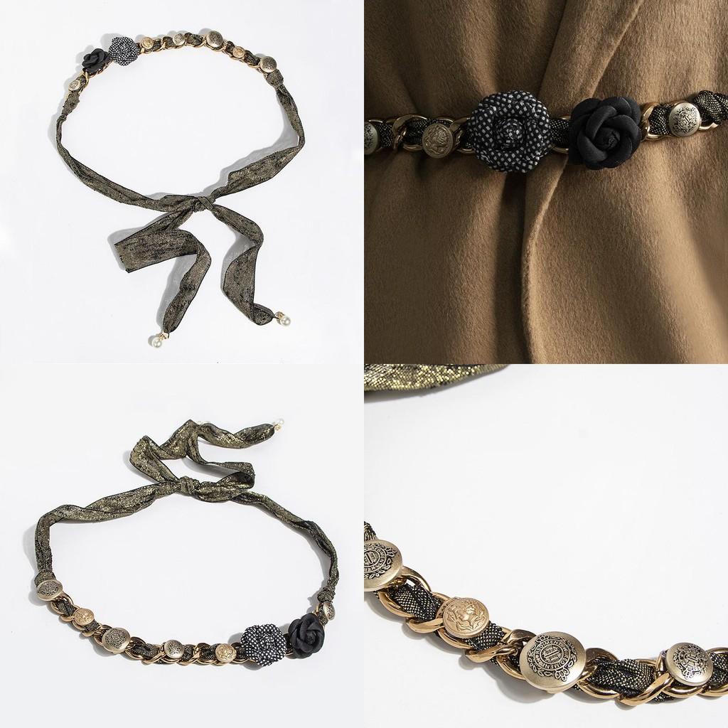 Ethnic Style Womens Silk Belt With Rose Flower Vintage Button Chain For Summer Fashion
