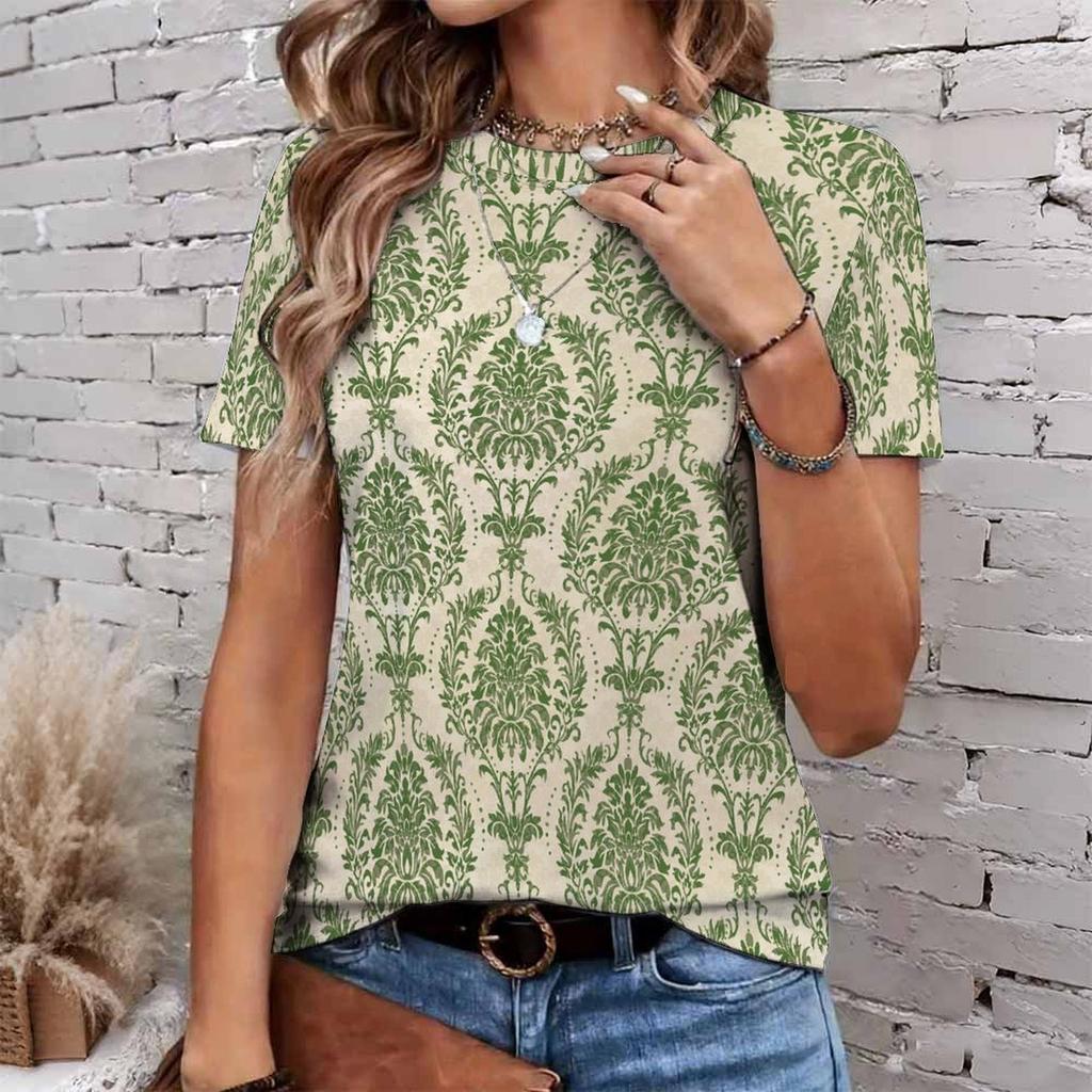 Fashion Women Retro Geometry and Leopard Pattern Patterns Print T Shirt Funny Casual O-neck Short Sleeves T-shirt Summer Female Tee Shirt