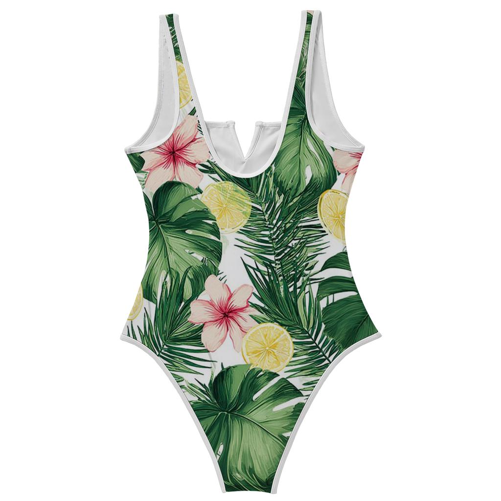 Badeanzug Damen V-Ausschnitt Monstera Blattdruck Badeanzug Tropisches Blumenmuster Rückenfrei Bademode