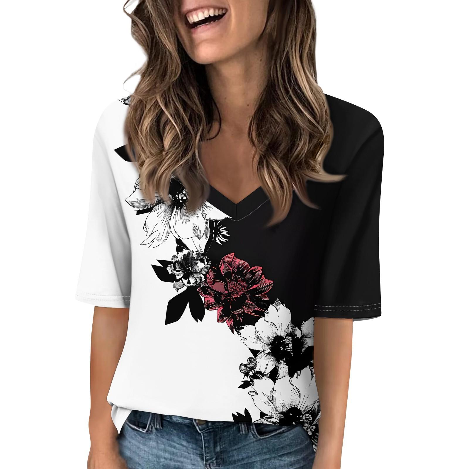 

Сорочки для жінок Модні футболки з V-подібним вирізом Повсякденна блузка з принтом Топи з рукавом до ліктя для жінок XL білий