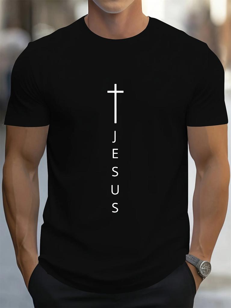 Mens Summer 100 Cotton Fashionable Casual Loose Large Cross and Jesus Letter Printed Sports Round Neck Short Sleeve Tshirt Top