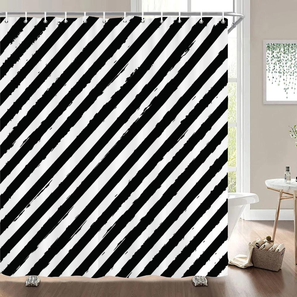 1 Pc Black White Geometric Print Polyester Shower Curtain Waterproof Fabric Partition Bathroom Curtain ,Decoration Bath Curtain