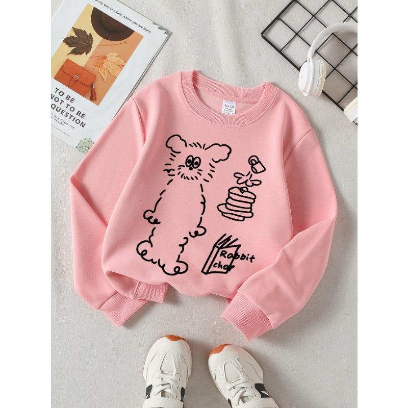 European Sizes Girls' Crew Neck Sweatshirt Cute Rabbit Pancakes And Book Print, Soft Cozy Pullover, Warm Casual for Autumn & Winter.