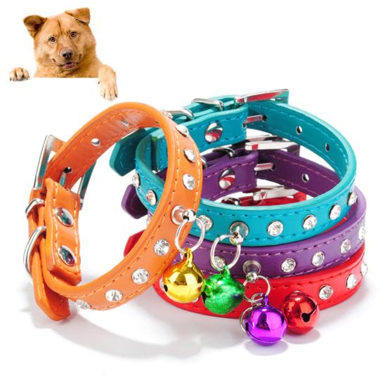 Adjustable Pet Dog Crystal Rhinestone Bell Collar Soft Faux Leather Neck Strap