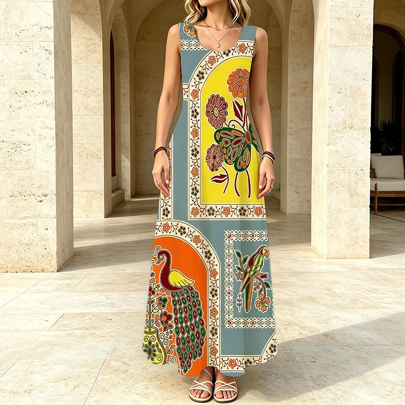 U-Neck Sleeveless Maxi Dress Loose Fit,Soft Fabric,Flowy Full Skirt,Ethnic Style,Summer Versatile for Daily Casual Vacation,Unique Eye-Catching Design