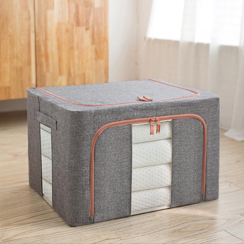 Waterproof Cotton & Linen Storage Box with Steel Frame - Foldable, Moisture-Proof, Large Capacity, Fabric Quilt Bag with Cover