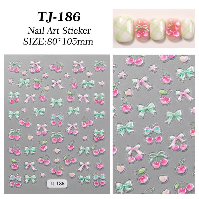 Cute Cherry Bow Nail Stickers Relief 3D Nail Appliques Adhesive Sliders Nail Art Accessories Nail Decoration