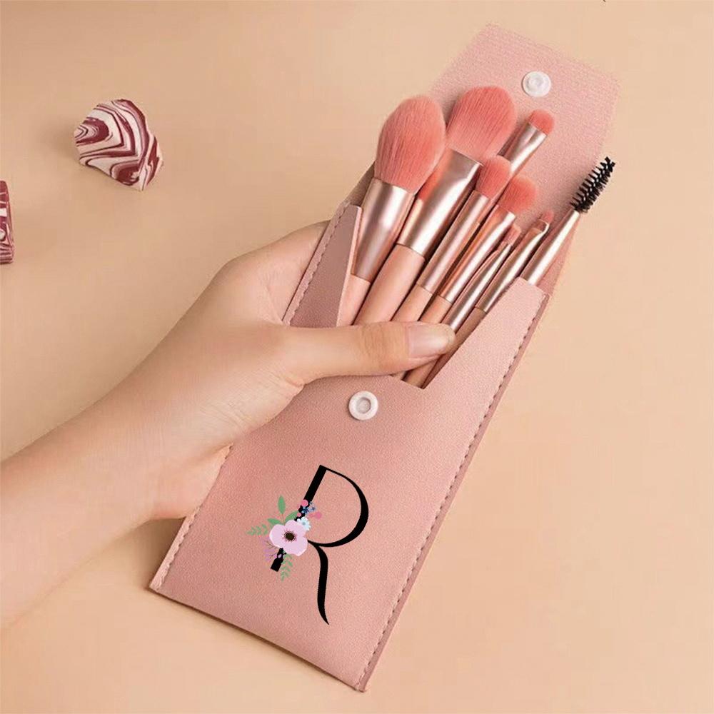 Pink Makeup Brushes Set Soft Synthetic Hair Portable Powder Eyeshadow Brushes For Daily Use Flower And Black Pattern