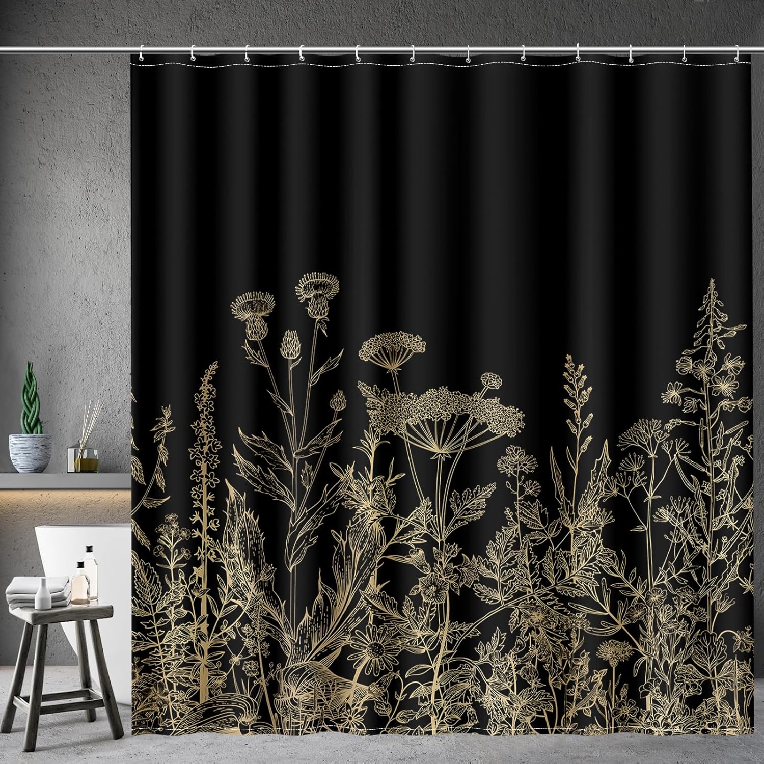 

Aimego Spring Floral Shower Curtain- Black and Gold Plant Leaves Wildflower Nature Botanical Flower Fabric Cloth Bath Shower Cur 90x180cm