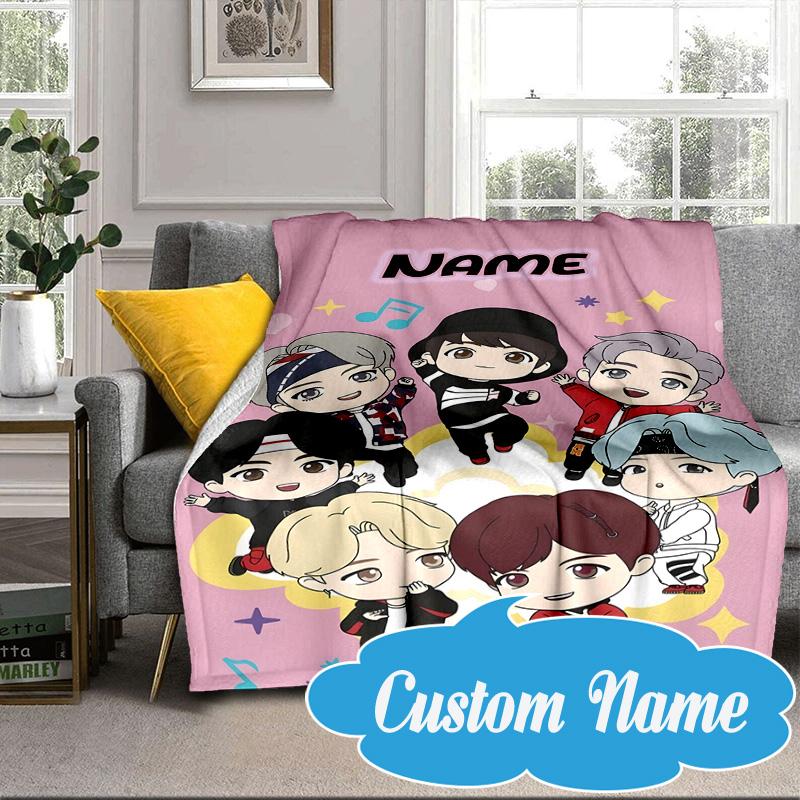 Custom Name Kawaii Stars K-pop Blanket bed sofa Blanket Flannel Blanket for Camping, Hiking, Picnic Essentials,gift for Fan family