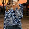Women Plus Size White Base Blue Leopard Print Lace Up V Neck Long Sleeve Casual Blouse
