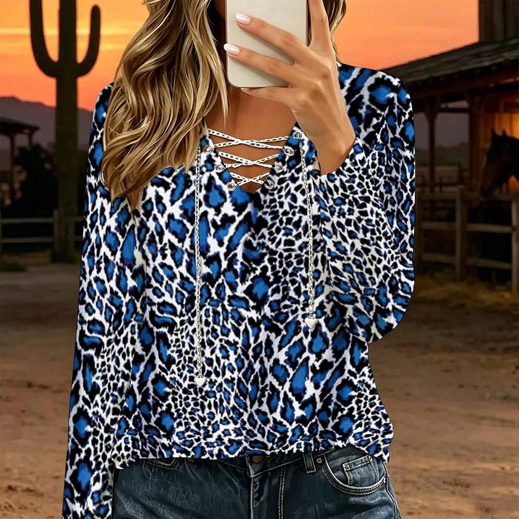 Women Plus Size White Base Blue Leopard Print Lace Up V Neck Long Sleeve Casual Blouse