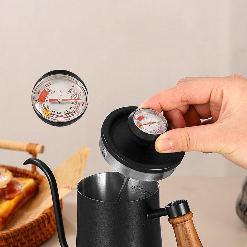 Camping Gooseneck Kettle Stainless Steel Pour Over Kettle with Thermometer & Wooden Handle, Portable Coffee Pot for Outdoor