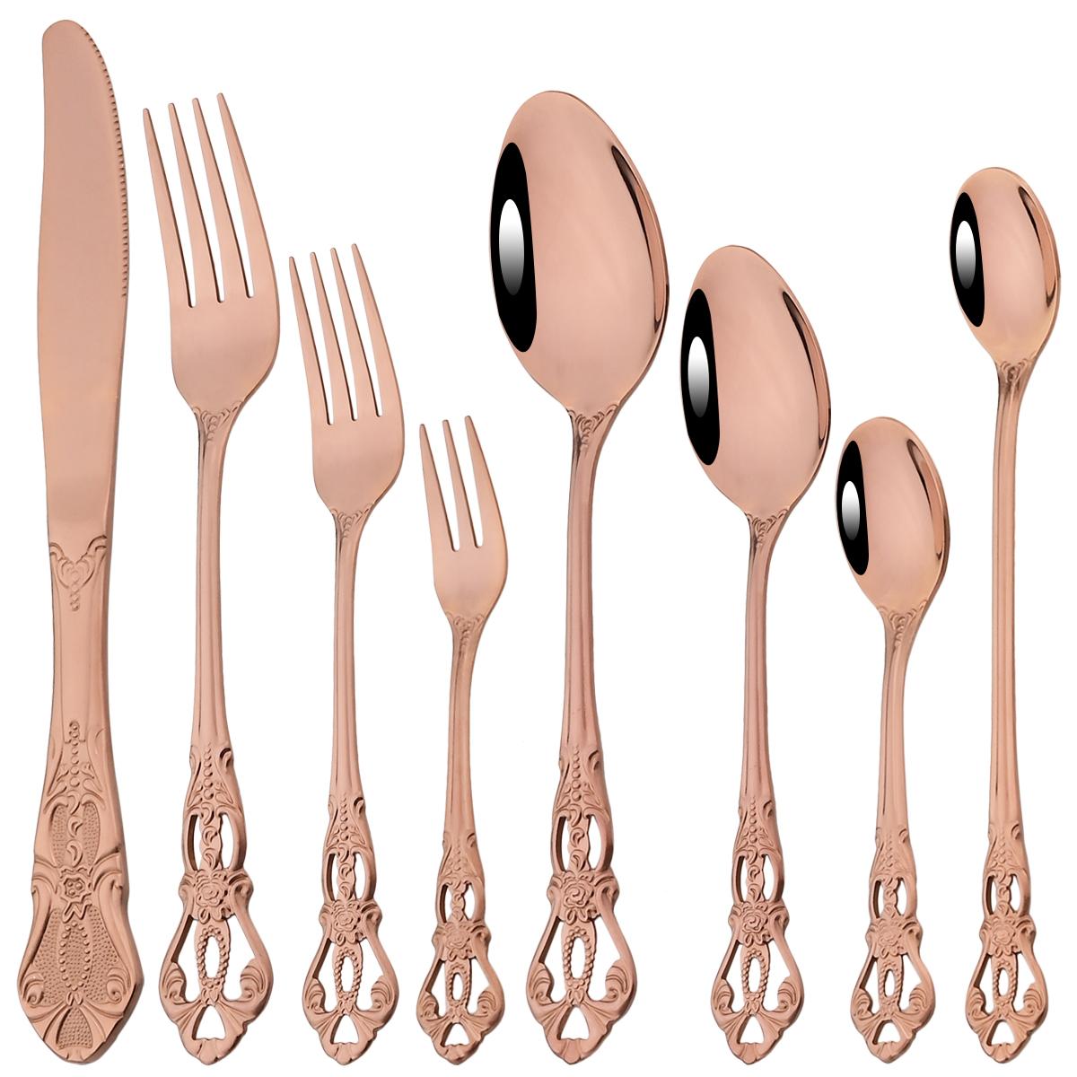 

8 шт./комплект. Набір столових приборів із нержавіючої сталі. Вінтажний набір столового посуду. Ніж. Десерт. Виделка. Ложки. Довга ложка. Столовий посуд. Домашня кухня. Яскраво-рожевий