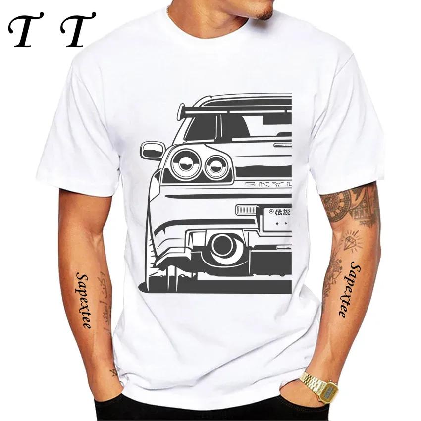 New Summer Men Short Sleeve JDM Legend NISSIA Skyline R34 R33 GTR Evolution Car Print TShirt Boy Casual Tops Fashion White Tees