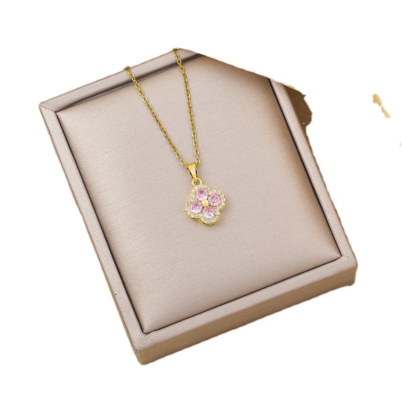 Copper Zirconia Pink Four Leaf Clover Pendant Necklace Women, Crystal Charm, Light Luxury Premium 18K Gold Plated Necklace