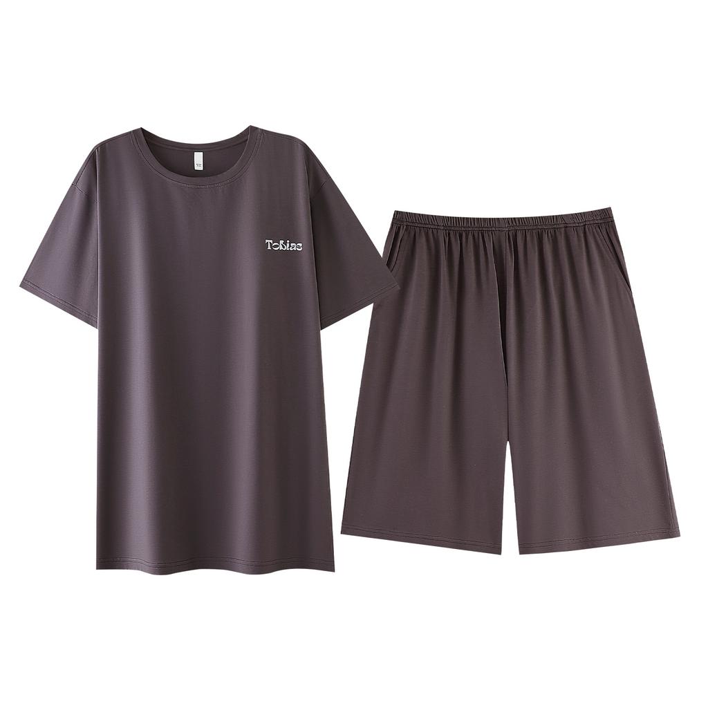 Pure cotton pajamas men's summer breathable simple thin round neck pullover loungewear loose casual short-sleeved shorts set