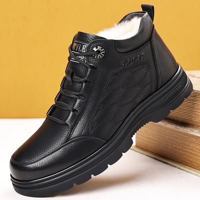 Chaussures d'hiver pour hommes, première couche de cuir de vache, polaire pour hommes, chaussures montantes chaudes en cuir, bottes de neige en polaire, chaussures de papa