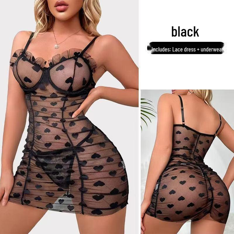European & American Heart Print Lace-up Mesh Nightgown L чёрный