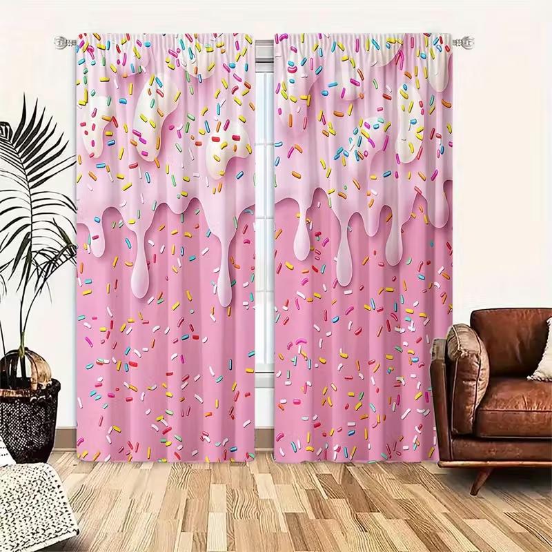 2pcs Cute Pink Dripping Frosting & Colorful Sprinkles Pattern Curtains Designed for Light Blocking Premium Material Suitable