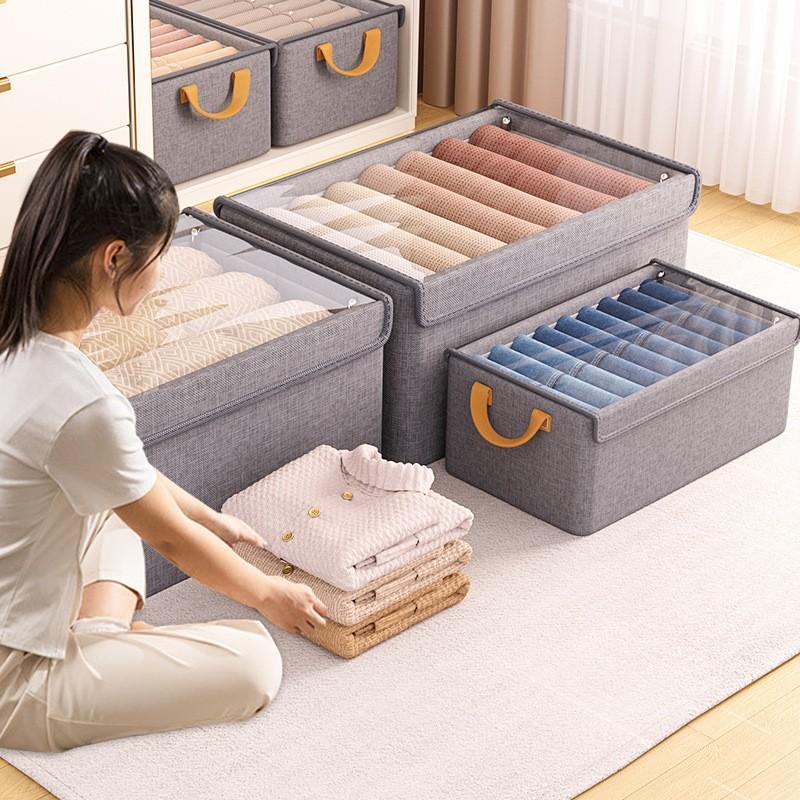 Closet Storage Box with Lid, Cationic Fabric Storage Bins for Pants & Clothes, Foldable Organizer for Home Dorm Wardrobe, Large Capacity